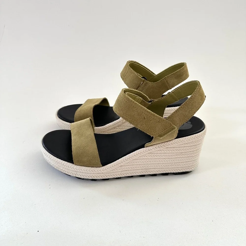 Sorel Cameron Wedge Sandals Womens Size 9.5 Olive Green Espadrille Shoes Suede